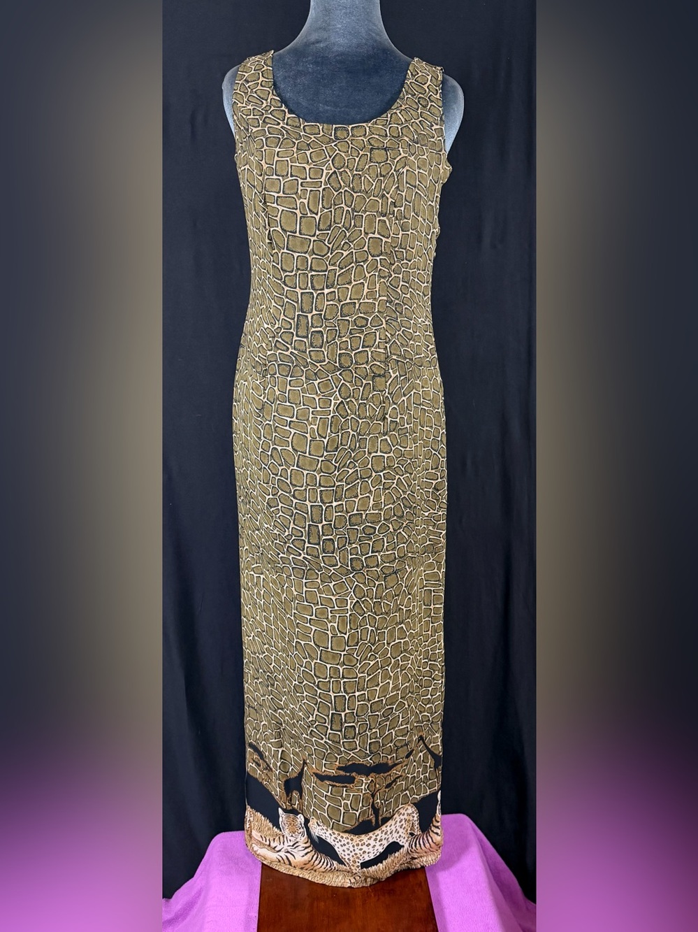 Joseph Ribkoff VTG Olive Mosaic Maxi Dress Union Made Canada Sleeveless safari